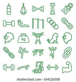 Strength icons set. set of 25 strength outline icons such as lion, barbell, abdoninal workout, weight, chain, muscular arm, power lifter, link, expander sport, sport expander