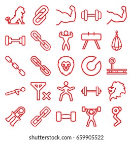 Strength icons set. set of 25 strength outline icons such as lion, barbell, muscle, push up, chain, no signal, bodybuilder, power lifter, link, sport expander, expander sport