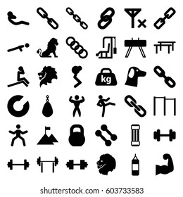 Strength icons set. set of 36 strength filled icons such as lion, barbell, push up, abdoninal workout, chain, weight, bodybuilder, muscular arm, barbell   isolated, no signal