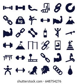 Strength icons set. set of 36 strength filled icons such as lion, barbell, muscle, push up, abdoninal workout, weight, chain, muscular arm  on phone 