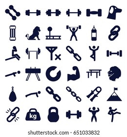 Strength icons set. set of 36 strength filled icons such as lion, barbell, push up, chain, weight, bodybuilder, muscular arm, power lifter, barbell   isolated, no signal