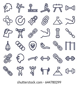 Strength icons set. set of 36 strength outline icons such as lion, barbell, muscle, abdoninal workout, chain, bodybuilder, power lifter, barbell   isolated, flag on mountain