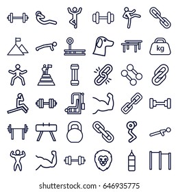 Strength icons set. set of 36 strength outline icons such as lion, barbell, muscle, push up, abdoninal workout, weight, chain, bodybuilder, barbell   isolated