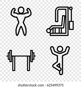 Strength icons set. set of 4 strength outline icons such as bodybuilder, man doing exercises, barbell