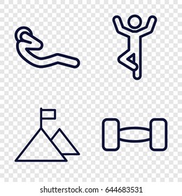 Strength icons set. set of 4 strength outline icons such as abdoninal workout, barbell, flag on mountain