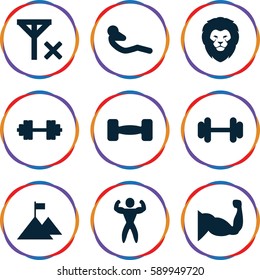 strength icons set. Set of 9 strength filled icons such as lion, barbell, muscle, abdoninal workout, bodybuilder, barbell   isolated, no signal