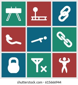 Strength icons set. set of 9 strength filled icons such as push up, abdoninal workout, barbell, bodybuilder, chain, no signal, link