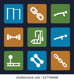 Strength icons set. set of 9 strength filled icons such as barbell, push up, chain, dumbbell, horizontal bar, fintess equipment, man doing exercises