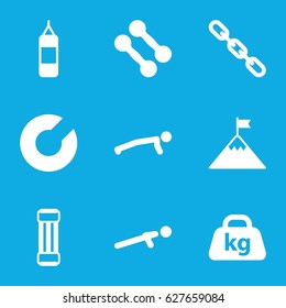 Strength icons set. set of 9 strength filled icons such as push up, chain, weight, flag on mountain, dumbbell, expander sport, boxing bag
