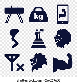 Strength icons set. set of 9 strength filled icons such as lion, weight, muscular arm  on phone, no signal, man at the top of the mountain with flag, muscle arm
