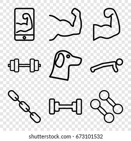 Strength icons set. set of 9 strength filled and outline icons such as barbell, chain, muscular arm  on phone, muscular arm, wolf, dumbbell, muscle arm