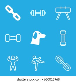 Strength icons set. set of 9 strength filled and outline icons such as bodybuilder, barbell, wolf, link, expander sport, fintess equipment
