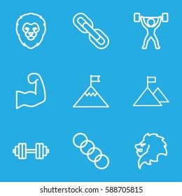 strength icons set. Set of 9 strength outline icons such as lion, chain, muscular arm, power lifter, barbell   isolated