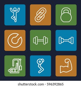 strength icons set. Set of 9 strength outline icons such as barbell, muscular arm, link, expander sport, man doing exercises