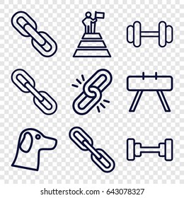 Strength icons set. set of 9 strength outline icons such as barbell, chain, man at the top of the mountain with flag, wolf, link