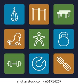 Strength icons set. set of 9 strength outline icons such as lion, barbell, chain, expander sport, horizontal bar, man doing exercises