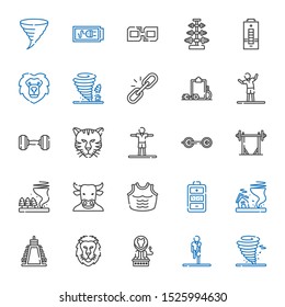 strength icons set. Collection of strength with tornado, stretching, lion, weight, battery, armor, minotaur, barbell, tiger, dumbbell, workout. Editable and scalable strength icons.