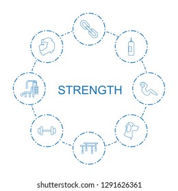 strength icons. Trendy 8 strength icons. Contain icons such as link, horizontal bar, boxing bag, lion, wolf, barbell, gym equipment, abdoninal workout. strength icon for web and mobile.