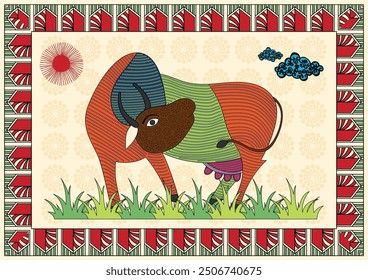 Fuerza de la Tierra: Una Obra de Arte de Tierra Vibrante de un Toro. Pintura de toro Gond, toro de arte popular indio, obras de arte de toro tribal, arte de animales de granja Gond, pintura de fauna Gond.