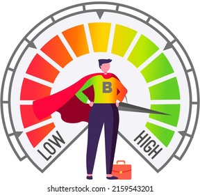 Strength level, man in superman costume stands near scale that measures size of skills from low to high. Abstract meter read level of progress strength. Color scale with arrow. The measuring device