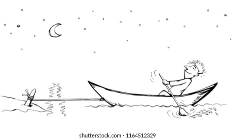 Strength male figure struggle push oar kayak isolated on river background. Hand drawn incorrect goal infinite labour sea travel symbol sketch in art retro doodle comic style with space for text on sky