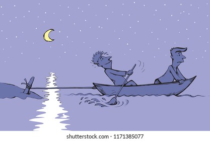 Strength male figure struggle push oar kayak isolated on river background. Hand drawn incorrect goal infinite labour sea travel symbol sketch in art retro doodle comic style with space for text on sky