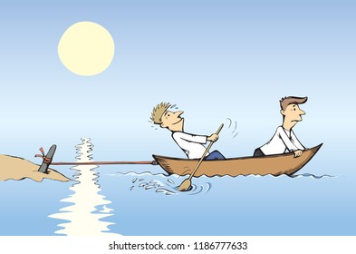 Strength male figure struggle push oar kayak isolated on river background. Hand drawn incorrect goal infinite labour sea travel symbol sketch in art retro doodle comic style with space for text on sky