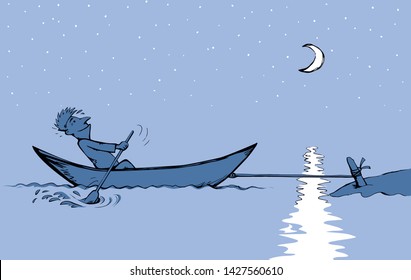 Strength male figure struggle push oar kayak isolated on river background. Hand drawn incorrect goal infinite labour sea travel symbol sketch in art retro doodle comic style with space for text on sky