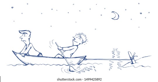 Strength male figure struggle push oar kayak isolated on river background. Hand drawn incorrect goal infinite labour sea travel symbol sketch in art retro doodle comic style with space for text on sky