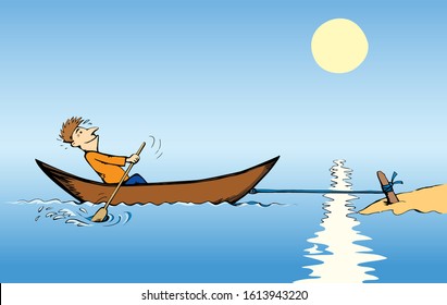 Strength male figure struggle push oar kayak isolated on river background. Hand drawn incorrect goal infinite labour sea travel symbol sketch in art retro doodle comic style with space for text on sky