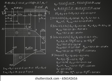 Strength of materials formulas drawn by hand on the black chalkboard for the background. Vector illustration.