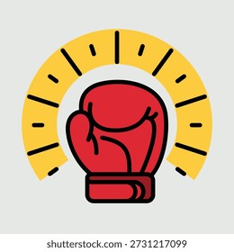 Strength and motivation concept symbolized by a boxing glove with radiating lines in flat colorful outline style, expressing power, energy, and self confidence.