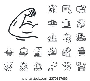 Strength muscle sign. Plane jet, travel map and baggage claim outline icons. Strong arm line icon. Gym fit training symbol. Strong arm line sign. Car rental, taxi transport icon. Vector