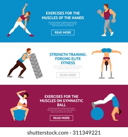 Strength and muscle training workout horizontal banner set isolated vector illustration