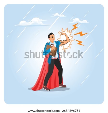 Strength or power to control and finish work. A superhero businessman with superpowers to achieve business success, courage, or a strong positive attitude.