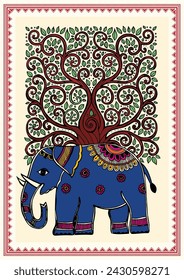 Strength and Sanctuary - A Majestic Madhubani Depiction of Elephant and Tree. Where Giants Meet - A Captivating Madhubani Artwork of Elephant and Tree Together.