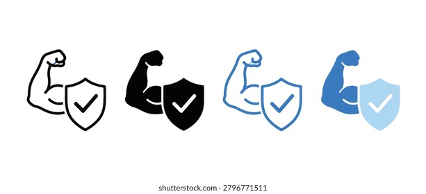 Strength security icon set. Protection power concept, strong arm with shield check mark, safety assurance symbol, vector illustration new