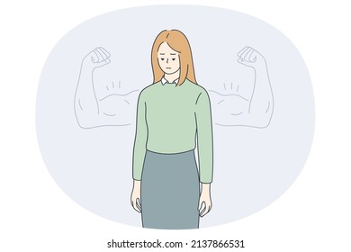 Strength and self confidence concept. Sad depressed woman standing feeling weak with strong hands arms biceps at background vector illustration 