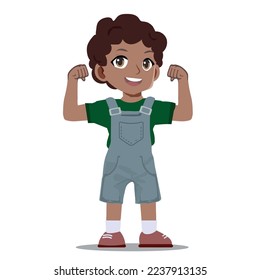Strength and showing power concept. Smiling positive african boy wearing green t-shirt standing and showing strong sporty biceps feeling joyful vector illustration.