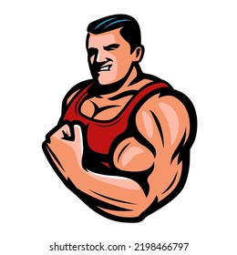 Strength and showing power. Muscular bodybuilder showing strong sport biceps. Gym, bodybuilding emblem or logo vector