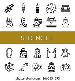 strength simple icons set. Contains such icons as Knot, Kettlebell, Grip, Judo, Punching bag, Swimmer, Medicine ball, Battery, Paper punch, can be used for web, mobile and logo