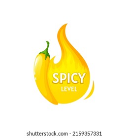 Strength of spicy of asian cuisine snacks, yellow chili pepper level of hot. Vector sauce or burger food spice strength, rating of snacks taste, scale indicator sign of chilli spicy and burning fire