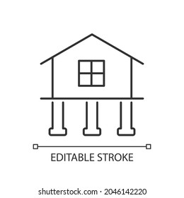 Strength and stability linear icon. Buildings construction. Secure foundation with piles. Thin line customizable illustration. Contour symbol. Vector isolated outline drawing. Editable stroke