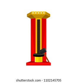 Strength tester or strongman game machine. High striker attraction with big hammer. Flat vector element for promo flyer or banner of amusement park