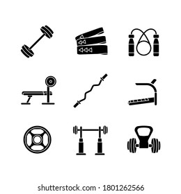 Strength training black glyph icons set on white space. Home workout equipment and gym machines for muscle growth. Intense training, bodybuilding silhouette symbols. Vector isolated illustration