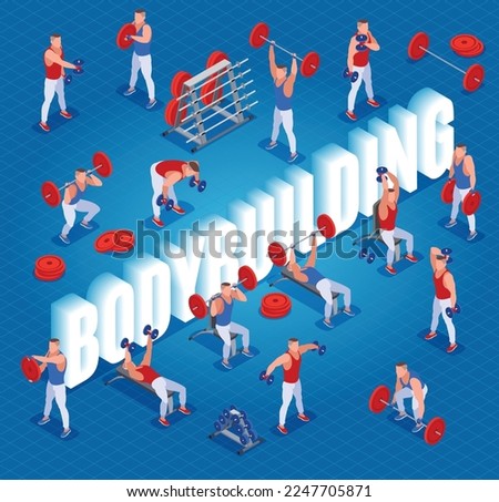 Strength training in the gym and 3d word Bodybuilding. Barbell and Dumbbell exercises. Healthy and active lifestyle. Isometric icons on isolated background