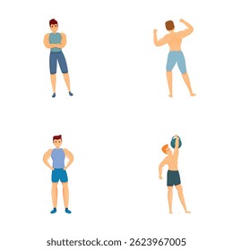 Strength training icons set cartoon vector. Man and woman during training. Physical activity concept
