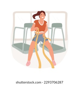 Strength training isolated cartoon vector illustration. Young teenage girl doing exercises with rope in gym, enjoying sport training, physical activity, building muscles vector cartoon.