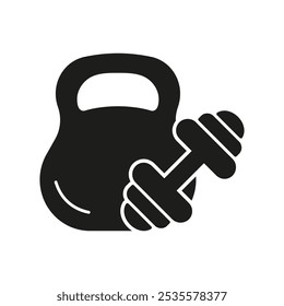 Silhouette Symbol für Krafttraining. Kettlebell und Hantel für Gewichtheben und Muskelaufbau. Piktogramm für Fitnessaktivitäten. Isolierte Vektorgrafik.