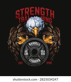strength training slogan with eagle holding weight plate graphic vector illustration
